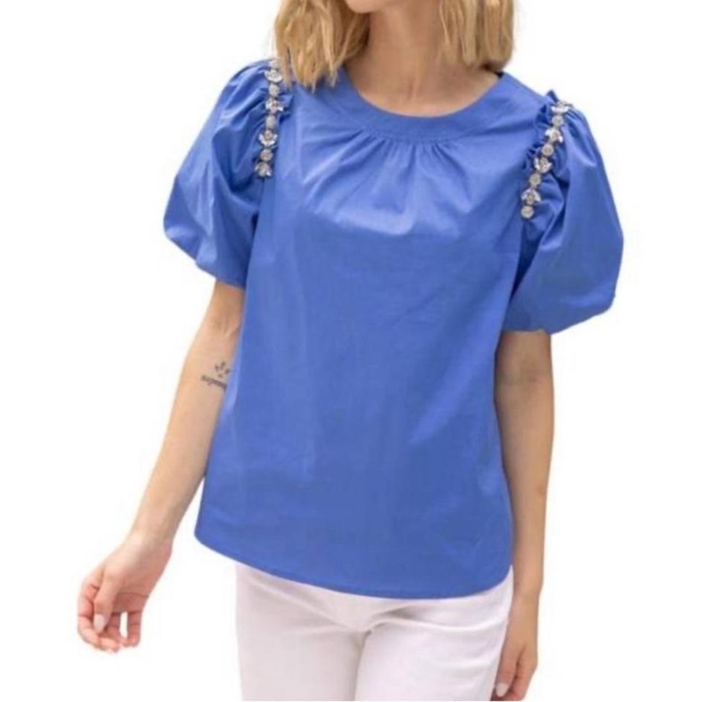 NWT VOY Blue Embellished Puff Sleeve Poplin Top - Size Large